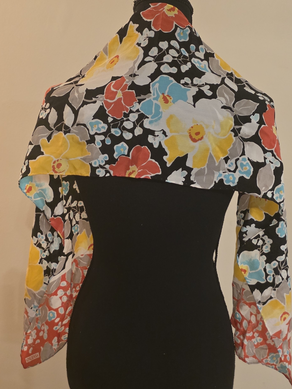 Vintage Adolfo 100% SILK Elegant Floral Scarf w/Yellow, Blue & Red Blooms On B&W
